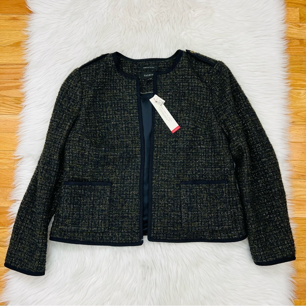 NWT Talbots Wool/Alpaca/Metallic Blend Blazer Olive/Navy Blue Fabric Knit Italy - Picture 3 of 15